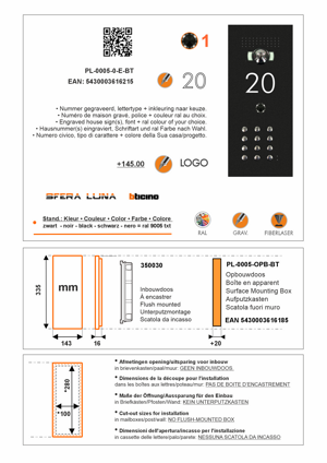 SFERA LUNA+ mit CODELOCK-/TASTATUR und HAUSNUMMER EINGRAVIERT VIDEO-SPRECHANLAGEN HIGH-END BTICINO (350030)