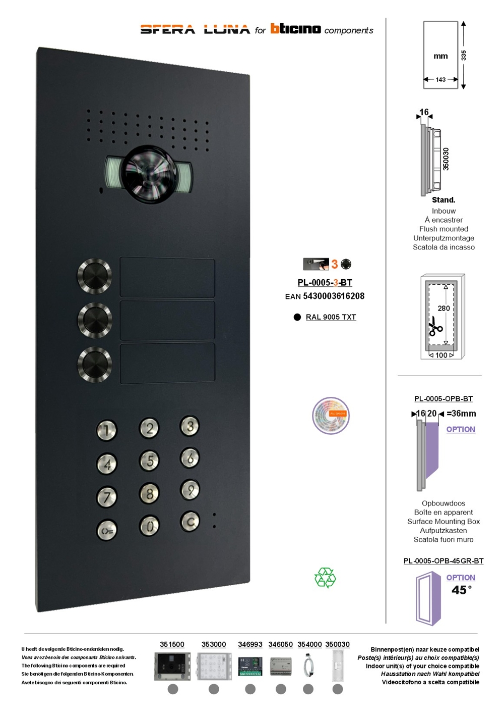Video Parlofonie SFERA LUNA+3 Push-buttons Keypad High-End Bticino