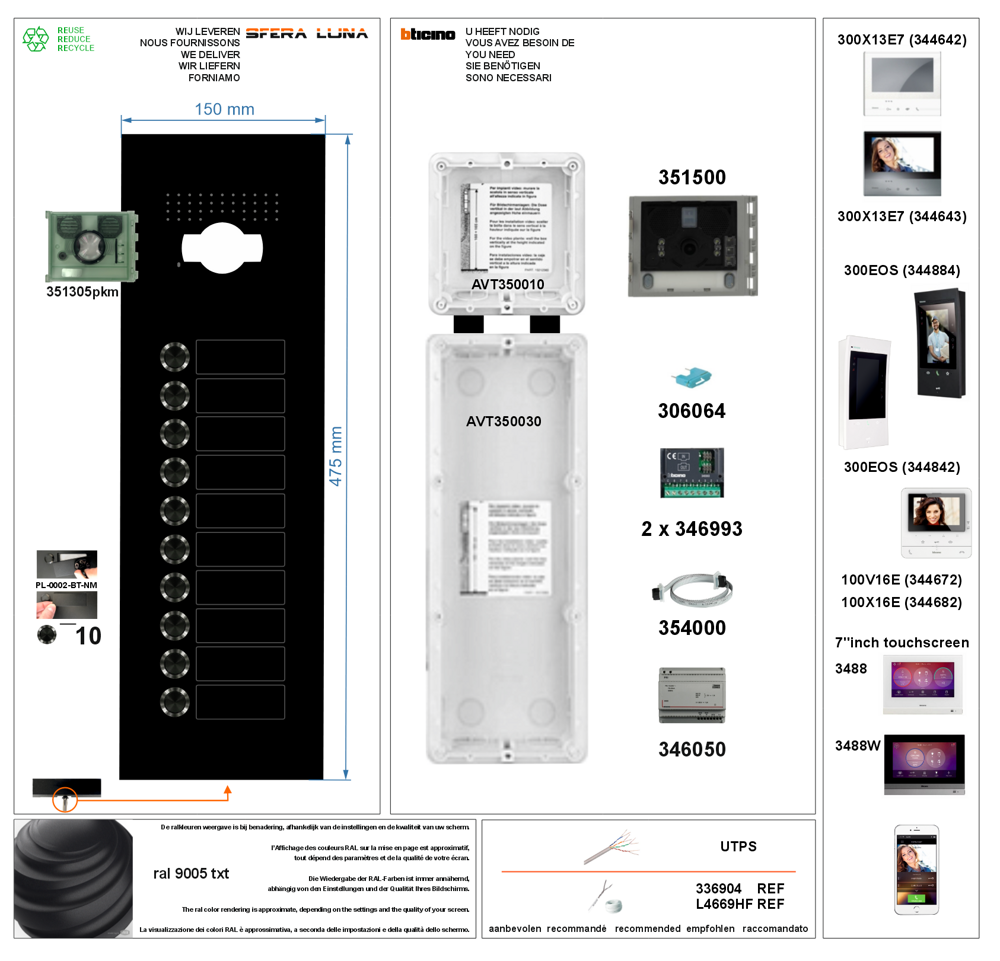  SFERA LUNA+10 RUFTASTEN VIDEO-SPRECHANLAGEN HIGH-END BTICINO (350030+350010)