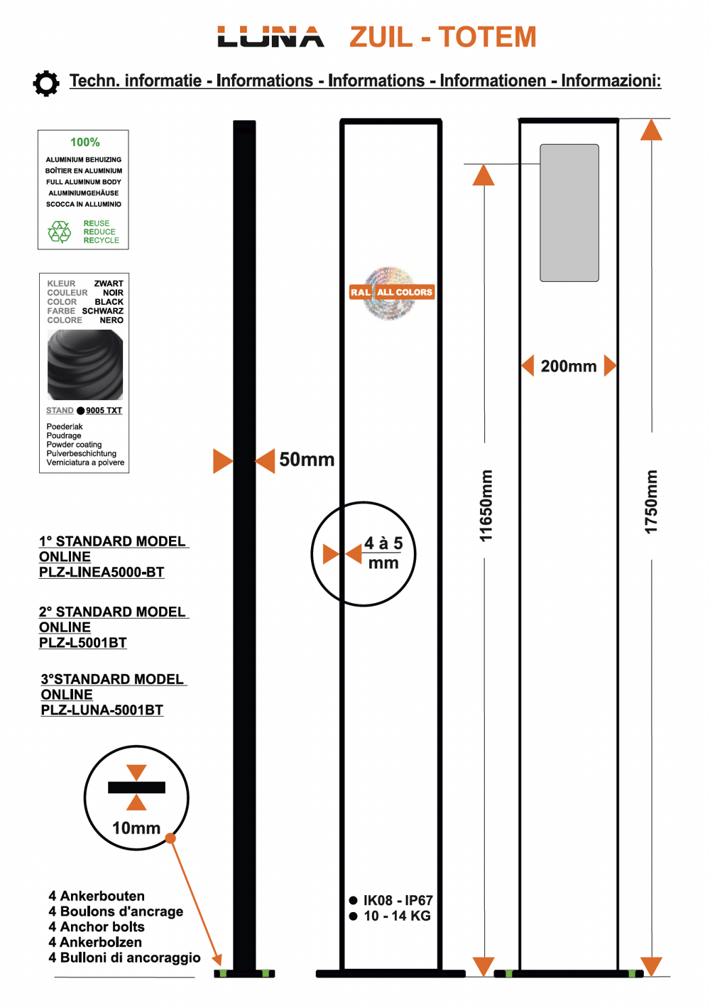 LUNA Colonne Design + Plaque Frontale LUNA5000 pour Écran Tactile BTicino 345000