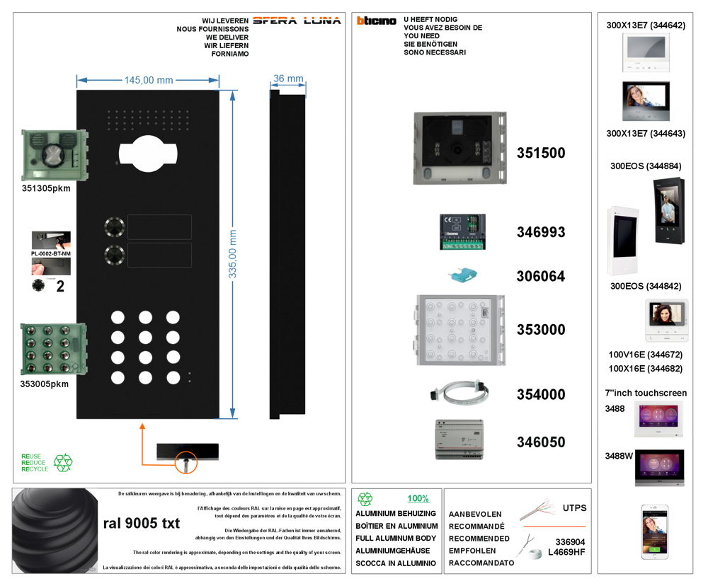 Video Parlofonie SFERA LUNA+2 drukknoppen code klavier High-End Bticino