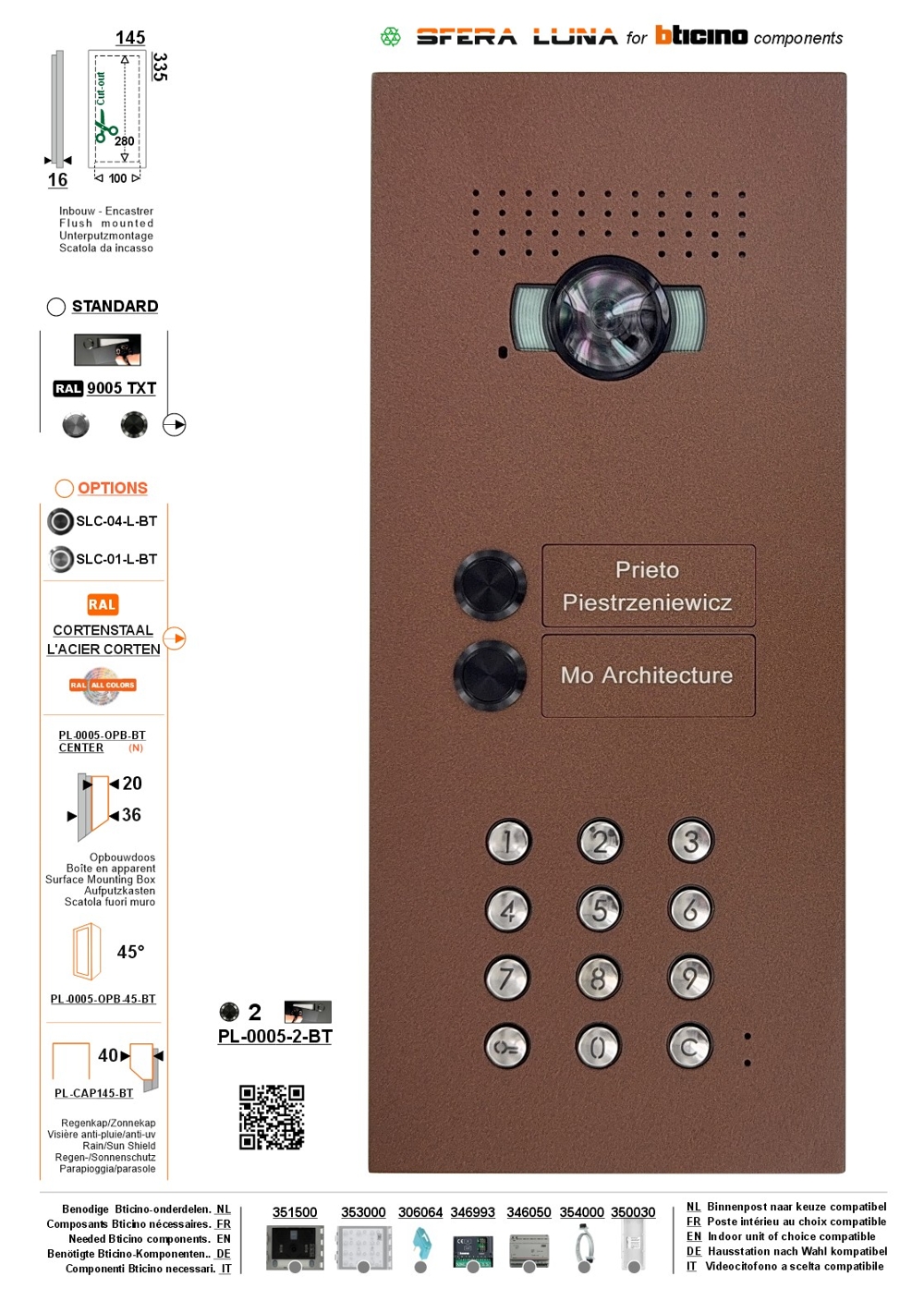 Video Parlofonie SFERA LUNA+2 Push-buttons keypad High-End Bticino