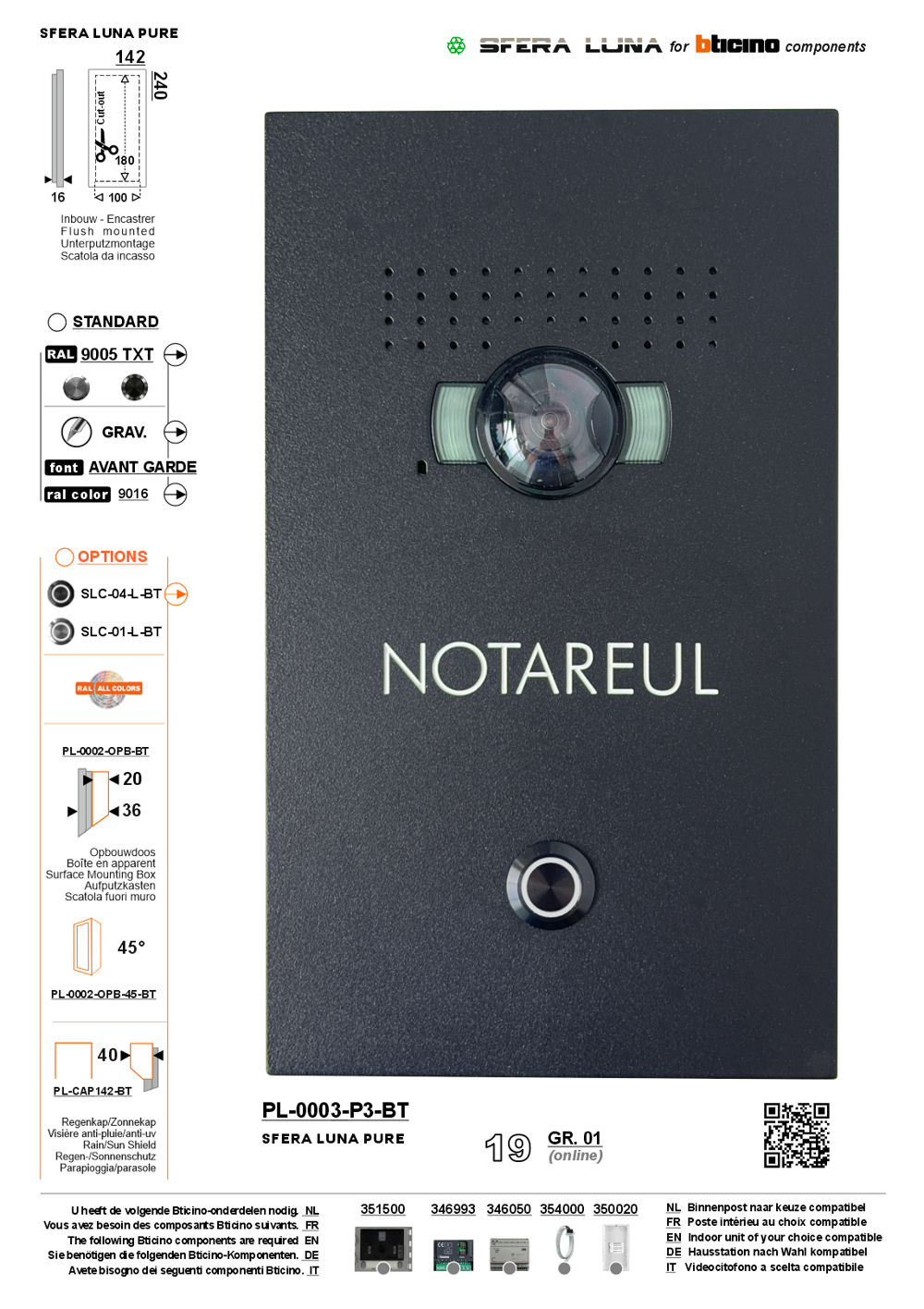 Interphone vidéo SFERA LUNA PURE avec numéro de maison/nom – Design haut de gamme pour Bticino